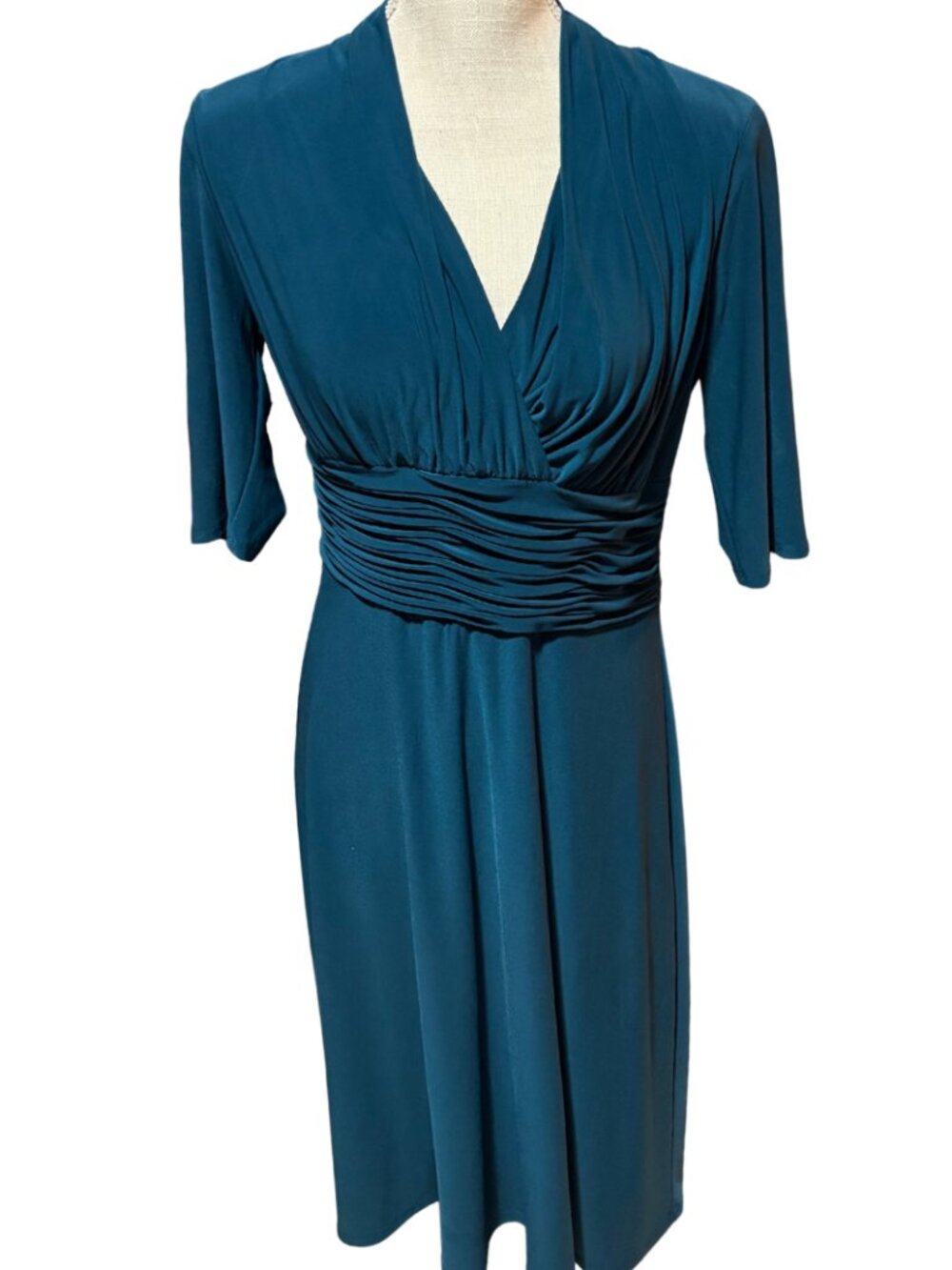Jones Wear Teal Faux Wrap Midi Dress Ruched Waist Size 8